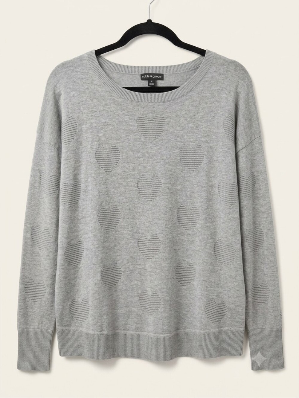 Cable & Gauge Long-sleeve crewneck Gray Heart Sweater Sz Med